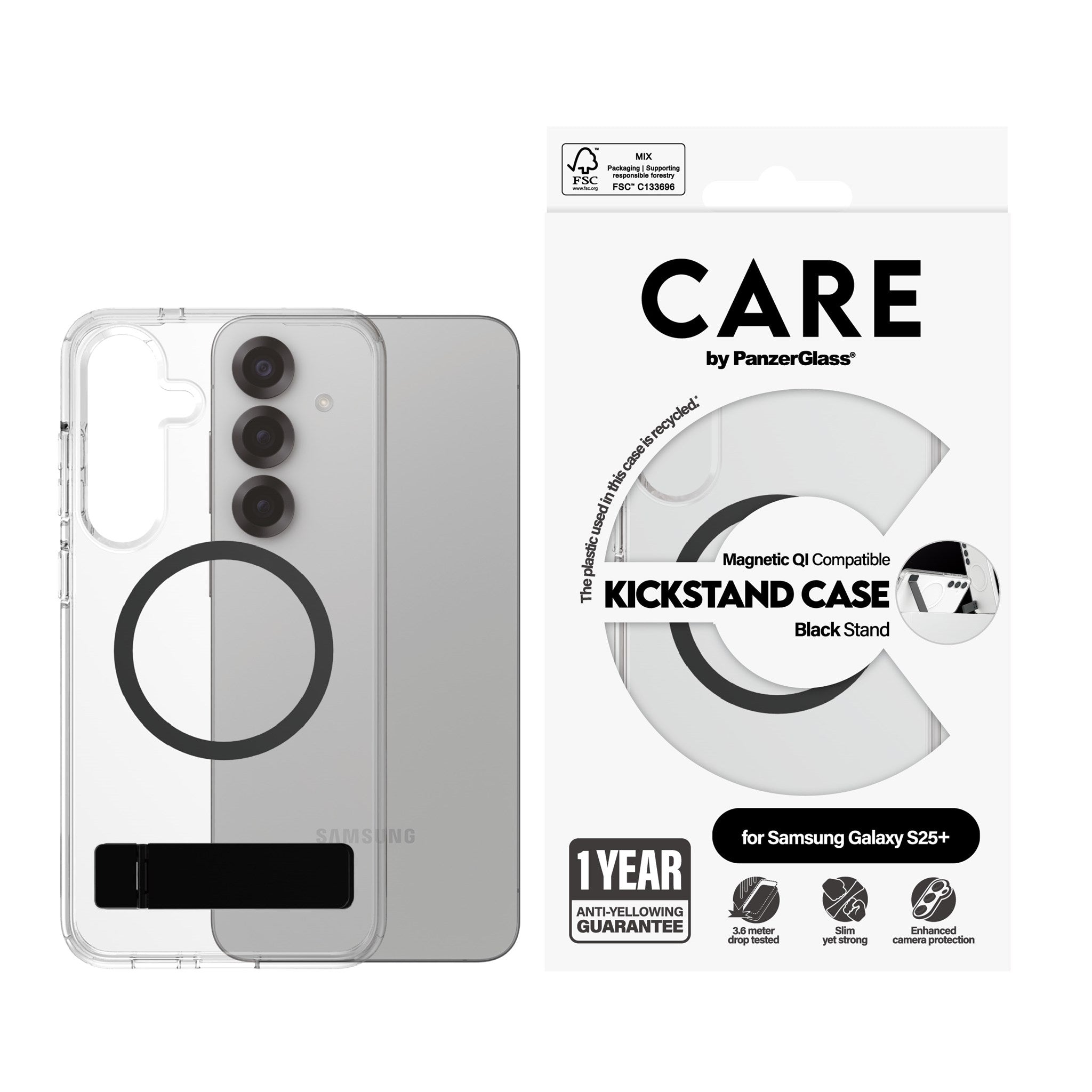 CARE by PanzerGlass® Case Transparent m. Sort Kickstand & Qi Compatible Samsung Galaxy S25+